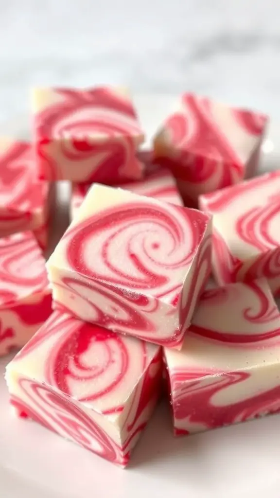Delicious raspberry swirl fudge squares on a white plate.