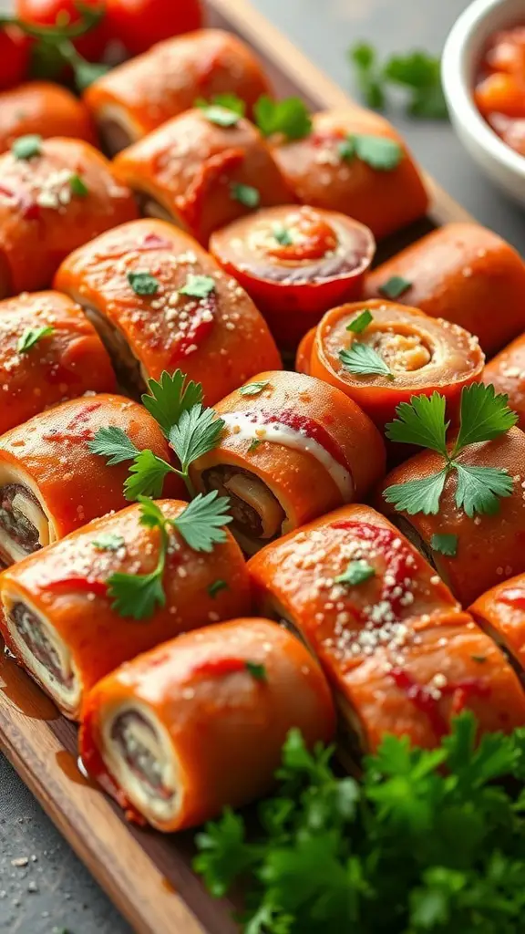 A platter of spicy sausage and cheese roll-ups garnished with herbs.