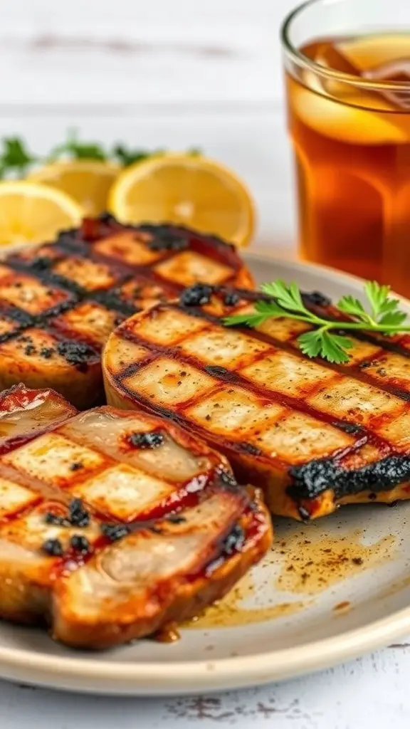 Grilled sweet tea brined pork chops with lemon slices and a glass of sweet tea