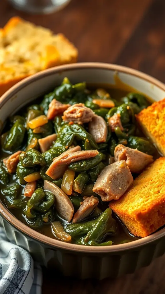 A bowl of collard greens with ham hocks and cornbread on the side.