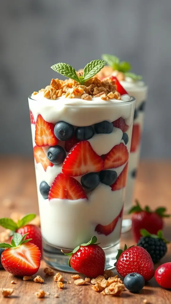 Delicious fruit and yogurt parfaits with strawberries, blueberries, and granola in clear glasses.