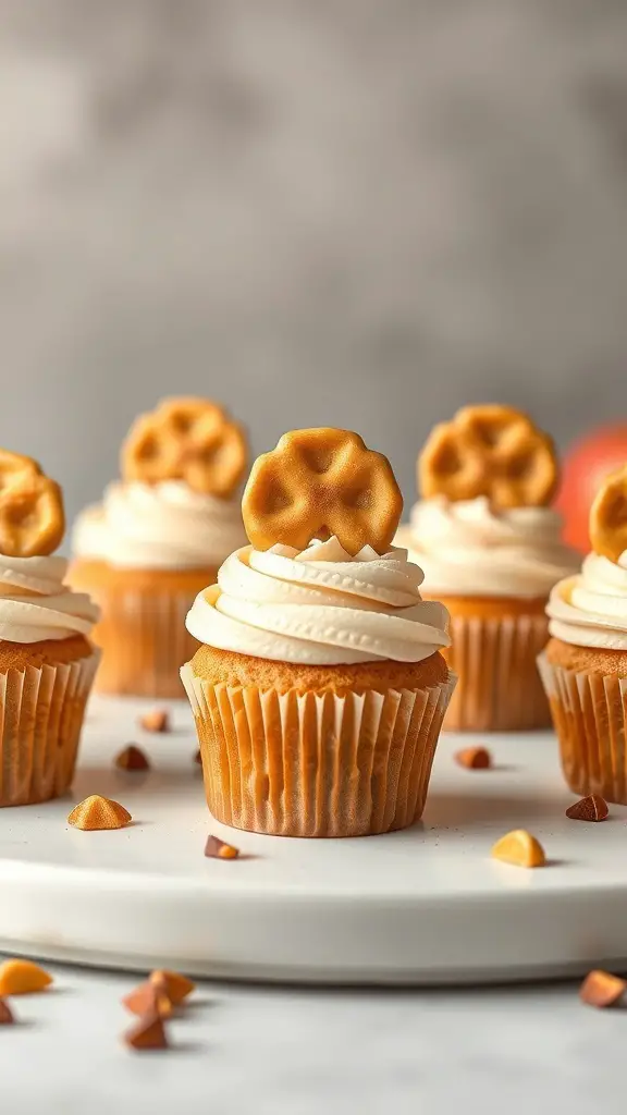 Delicious apple pie cupcakes topped with frosting and a cookie decoration