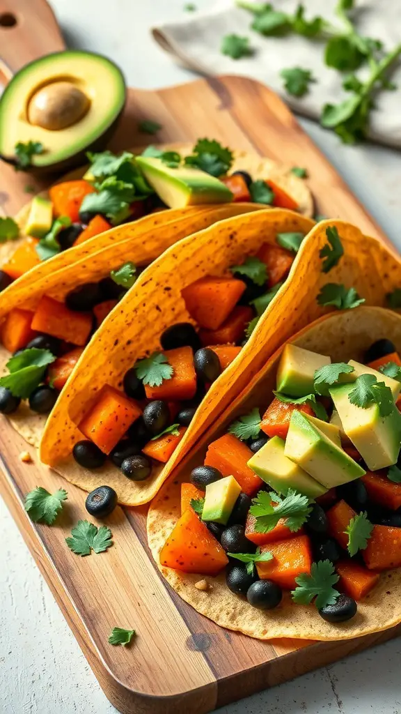 Colorful sweet potato and black bean tacos topped with avocado and cilantro on a wooden board.