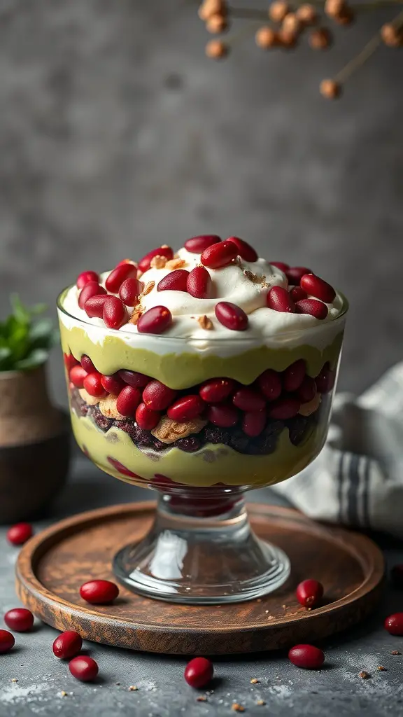 A glass trifle dish filled with layers of matcha green tea pudding, sweet red beans, and whipped cream, topped with red beans and cookie crumbs.