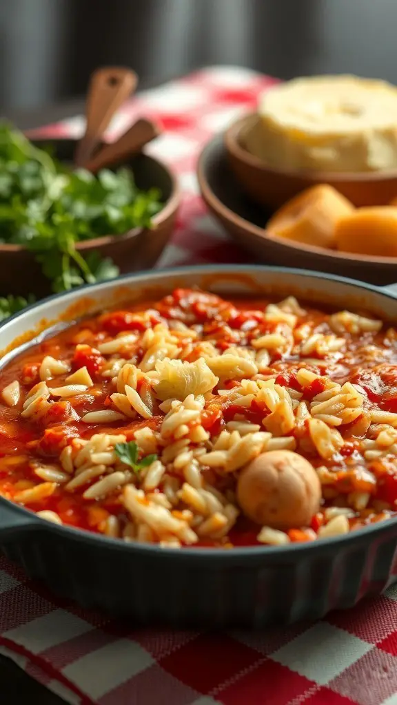 A delicious cabbage and rice casserole with tomato sauce, garnished with herbs, served in a round dish.