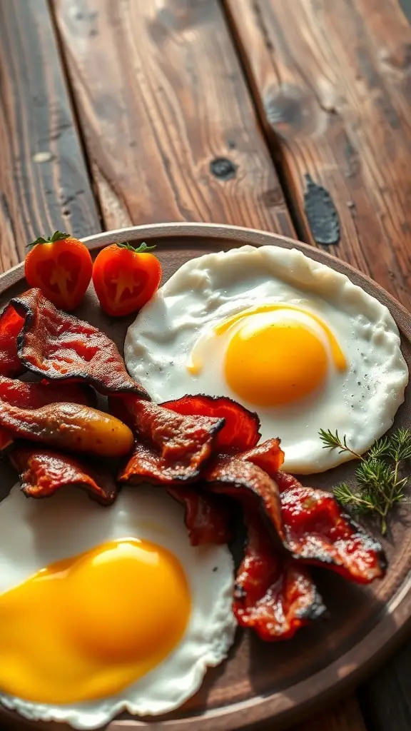 A plate with beef bacon, fried eggs, and cherry tomatoes on a wooden table.