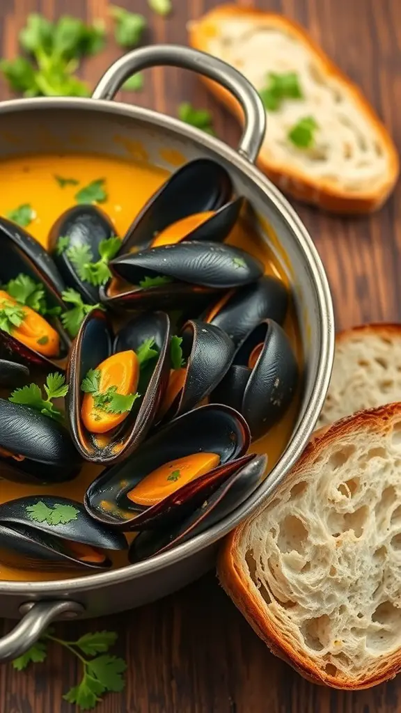 A pot of coconut curry mussels garnished with cilantro, served with slices of crusty bread.
