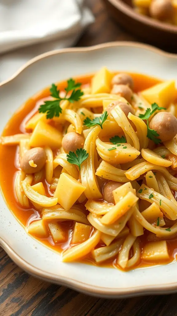 A plate of cabbage and potato casserole with cream sauce, garnished with parsley.