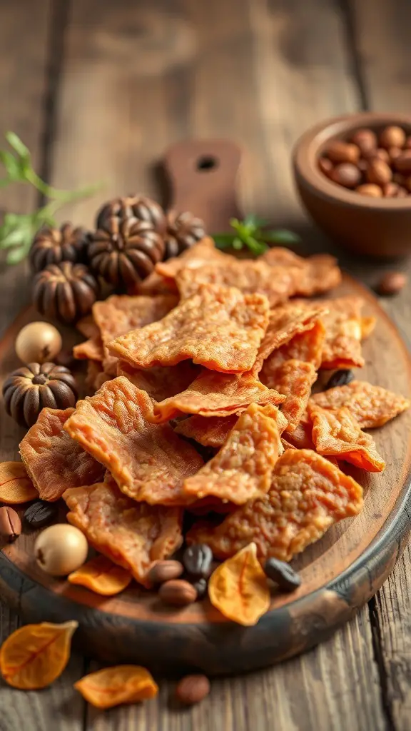A wooden platter with turkey jerky pieces and dried fruits, showcasing a delicious snack combination.