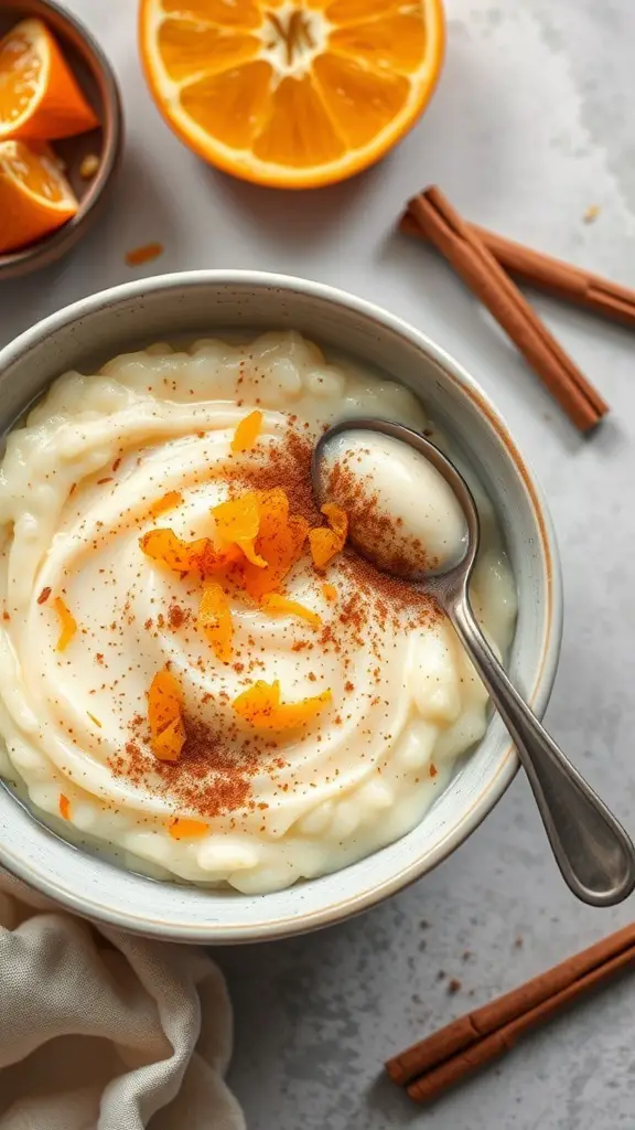 A bowl of orange blossom rice pudding topped with cream, orange zest, and cinnamon, with fresh oranges and cinnamon sticks in the background.