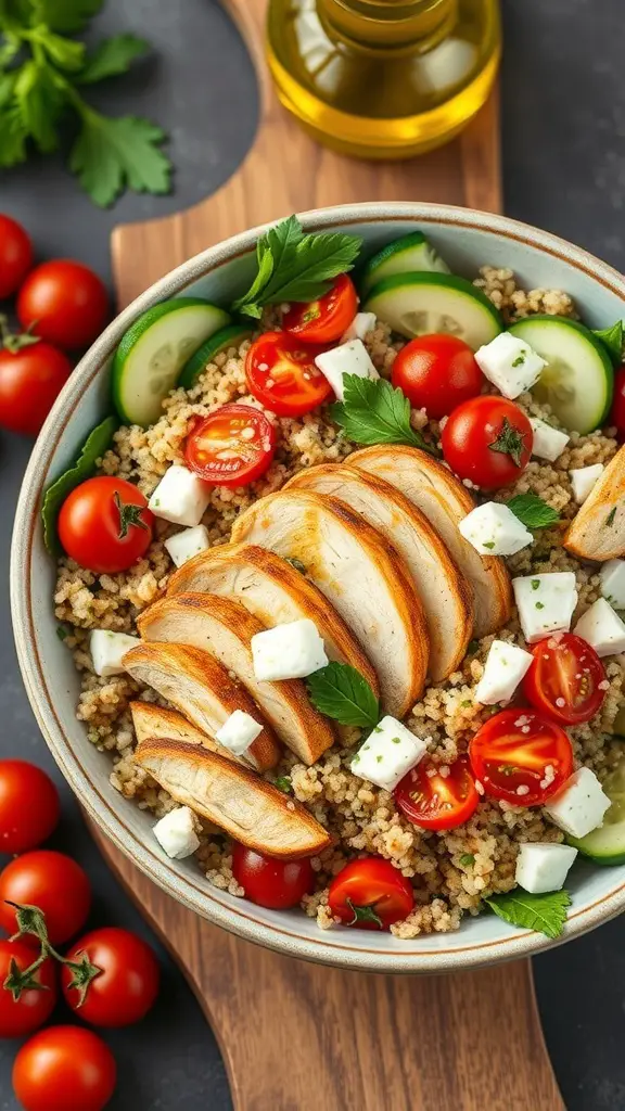 A bowl of Mediterranean chicken and quinoa salad with cherry tomatoes, cucumber, and feta cheese.