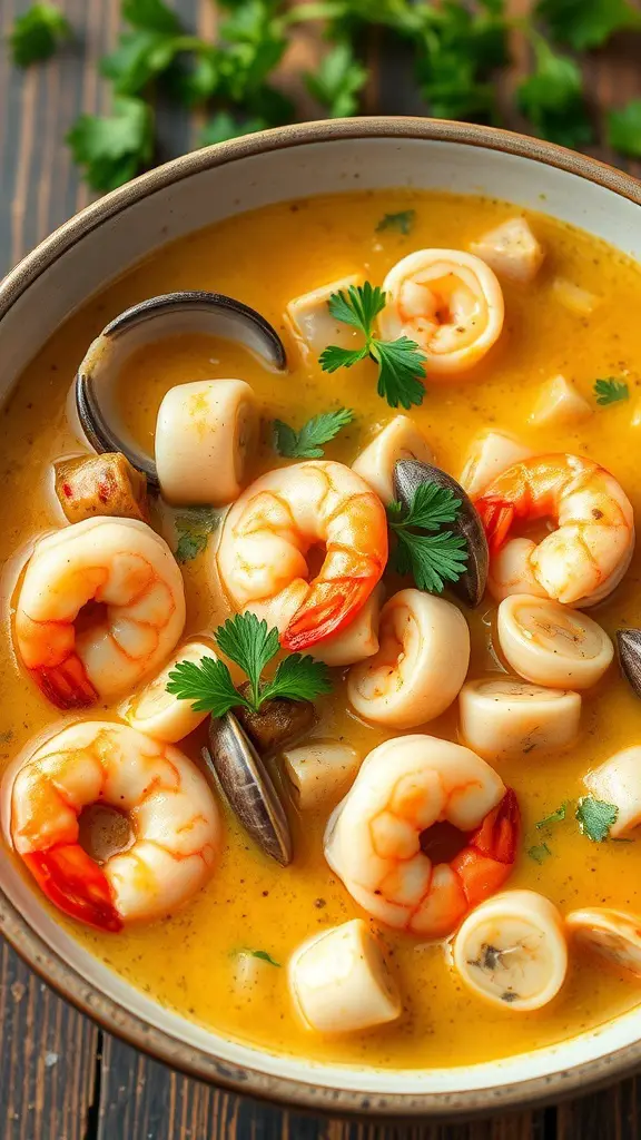 A bowl of seafood chowder with shrimp, squid, and clams in a creamy broth, garnished with parsley.