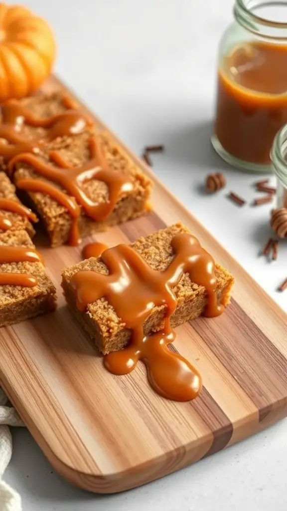 No-bake pumpkin spice bars drizzled with caramel sauce on a wooden platter