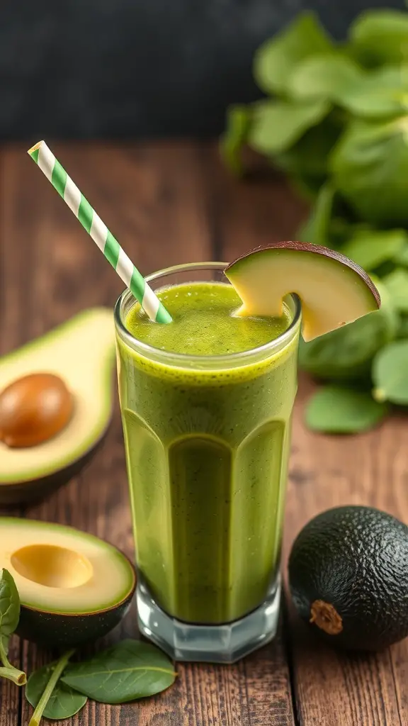 A glass of creamy avocado and spinach smoothie with a green straw, surrounded by fresh avocados and spinach leaves.