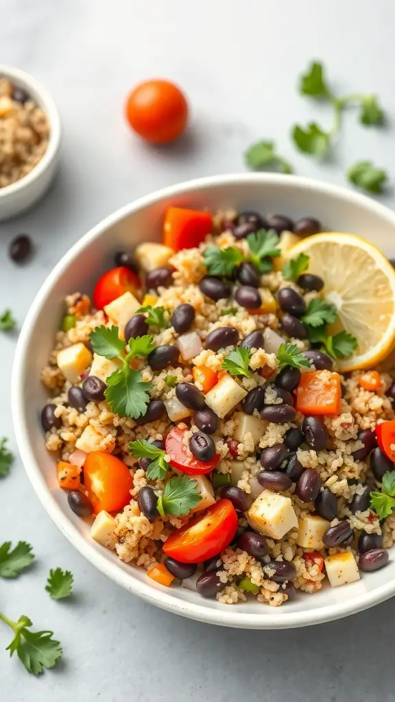 A bowl of Savory Quinoa and Black Bean Salad with colorful vegetables and a lemon wedge.