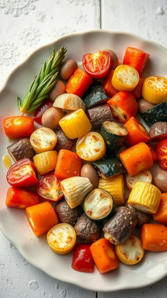 A colorful roasted vegetable platter featuring bell peppers, zucchini, cherry tomatoes, and baby potatoes.