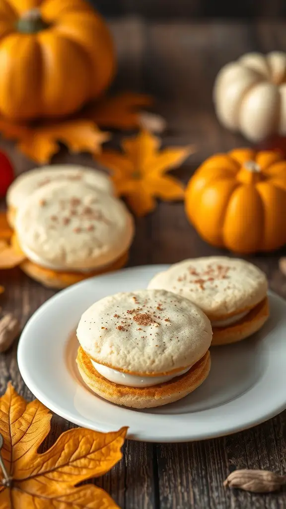 Pumpkin Spice Whoopie Pies on a plate with autumn leaves and pumpkins