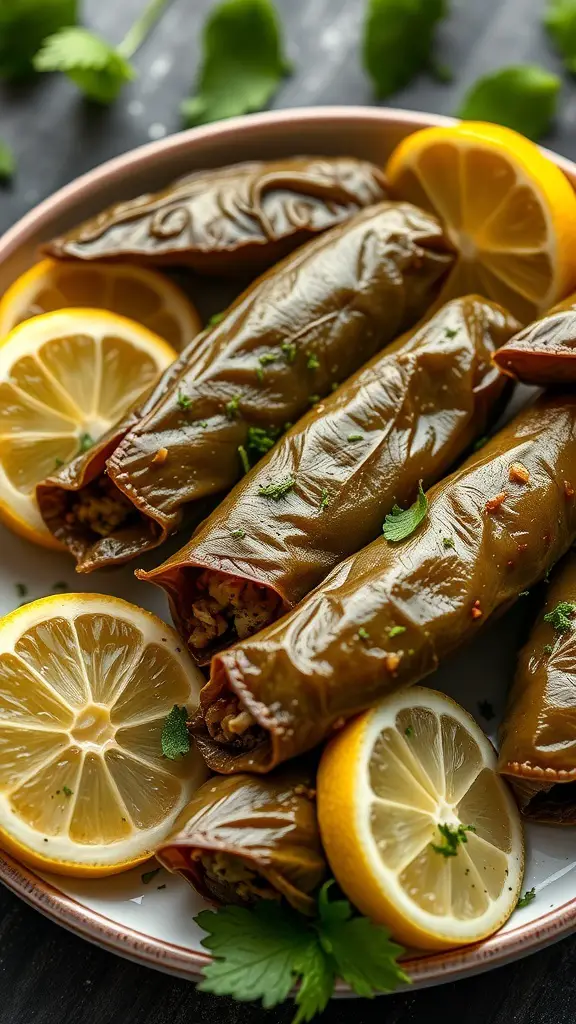 A plate of stuffed grape leaves with lemon slices and herbs