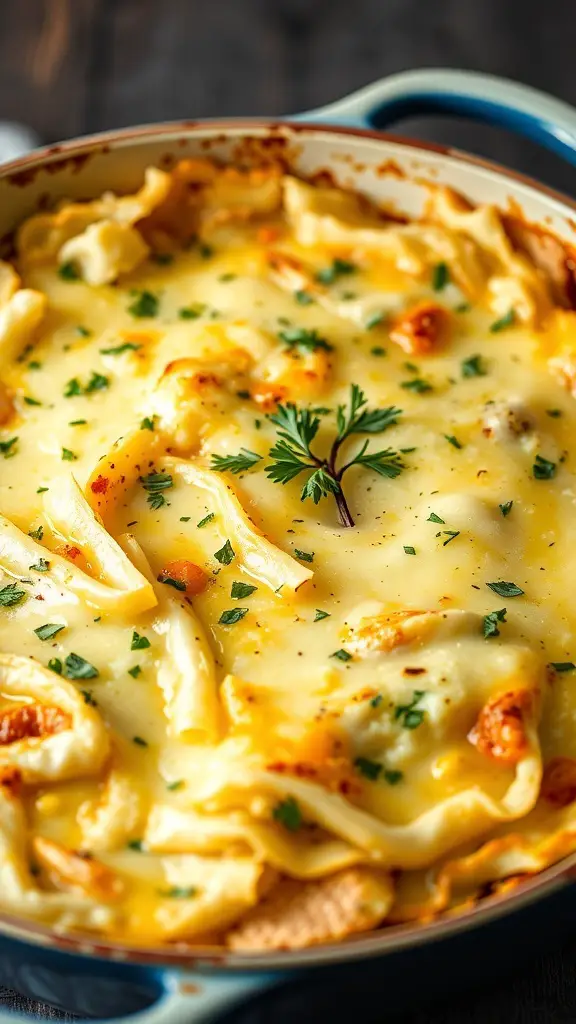 A cheesy baked cabbage casserole topped with parsley in a baking dish