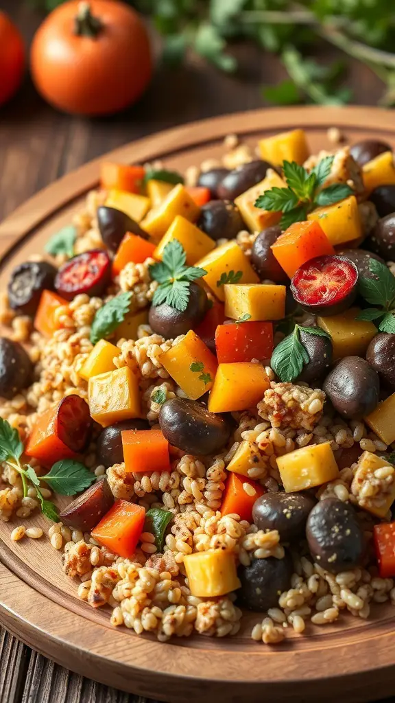 A colorful roasted vegetable and farro salad on a wooden plate, featuring diced peppers, cherry tomatoes, black beans, and fresh herbs.
