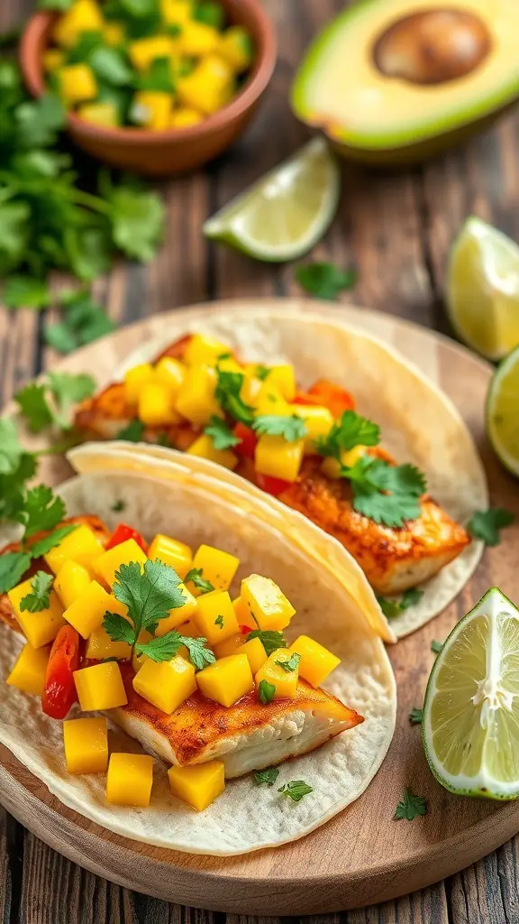 Crispy fish tacos topped with mango salsa, served with lime wedges and fresh cilantro.