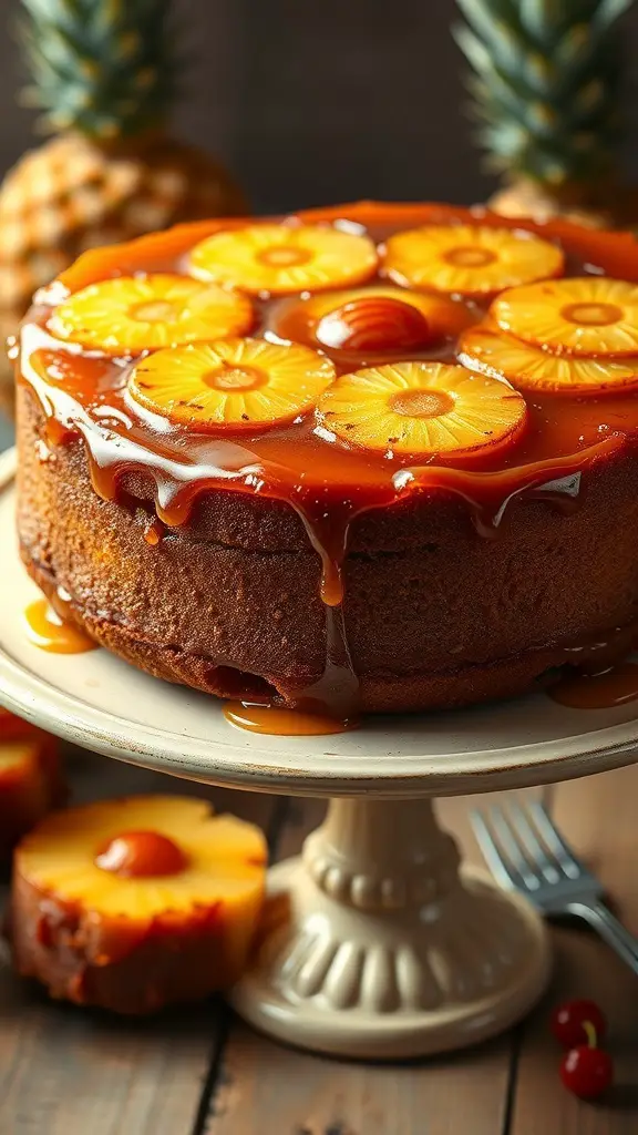A delicious pineapple upside-down cake topped with caramelized pineapple rings and cherries, displayed on a cake stand.