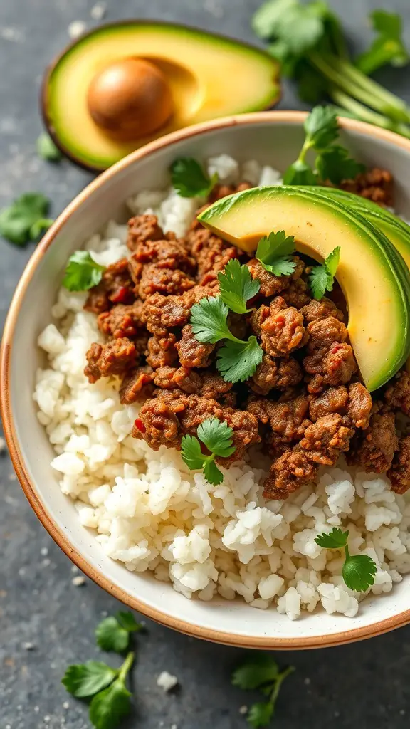 A bowl of beefy cauliflower rice topped with avocado and cilantro.