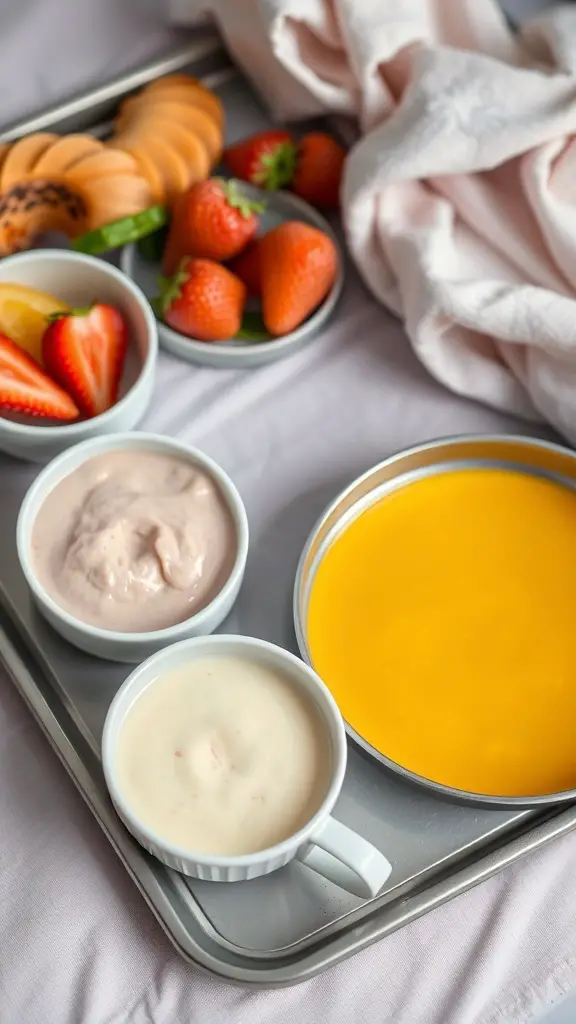 A tray with soft foods including yogurt, pudding, and fresh strawberries, ideal for a post-surgery diet.