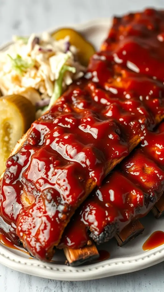 Delicious slow-cooked BBQ ribs with barbecue sauce, coleslaw, and pickles on a plate.