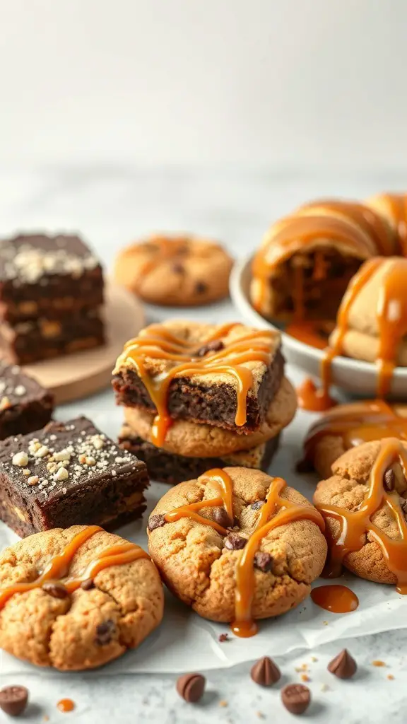 A variety of desserts including brown butter cookies, brownies, and caramel drizzled treats.