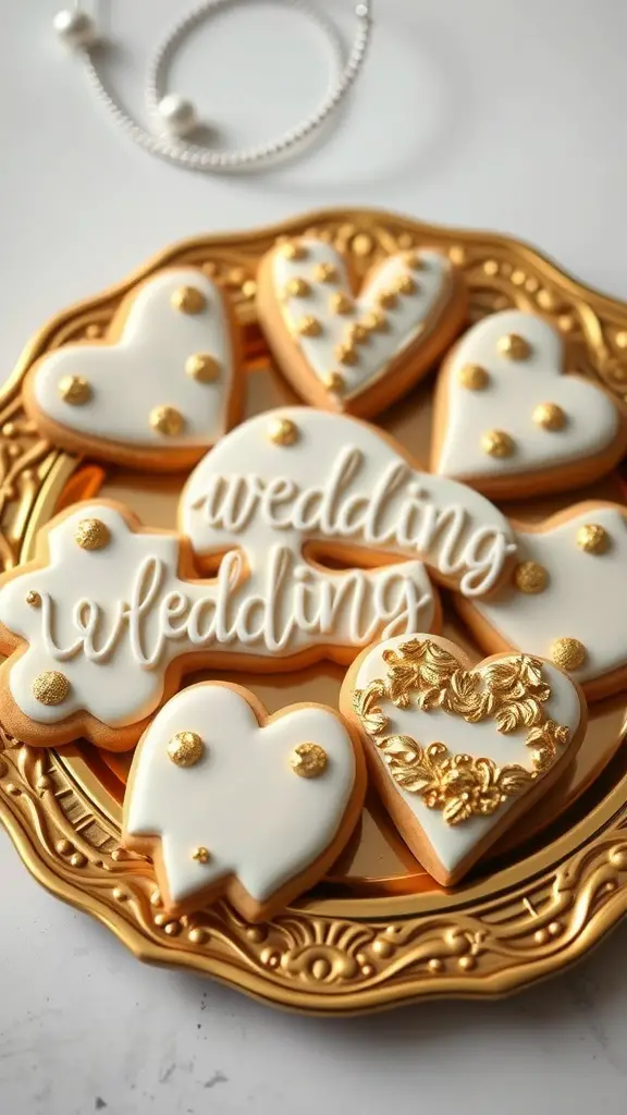 A plate of wedding sugar cookies with gold accents, featuring heart shapes and decorative designs.