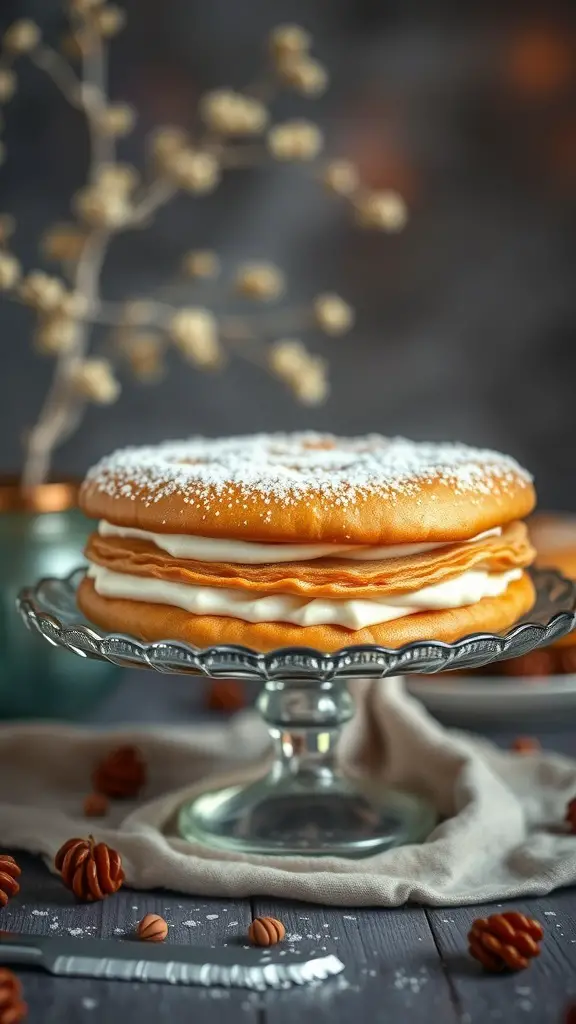 A beautifully layered Kremówka Papieska dessert on a glass stand, topped with powdered sugar.