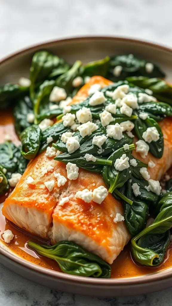Baked salmon with spinach and feta cheese on a plate