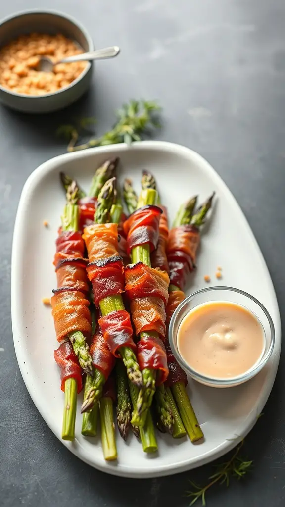 A plate of bacon-wrapped asparagus spears with a dipping sauce on the side.
