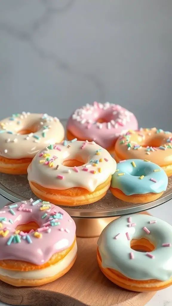 Colorful baby shower donuts with sprinkles on a stand