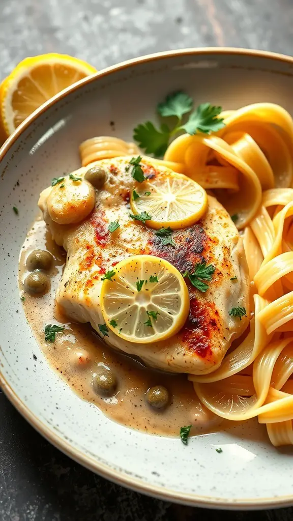 A plate of Chicken Piccata with capers and lemon slices, served with pasta.