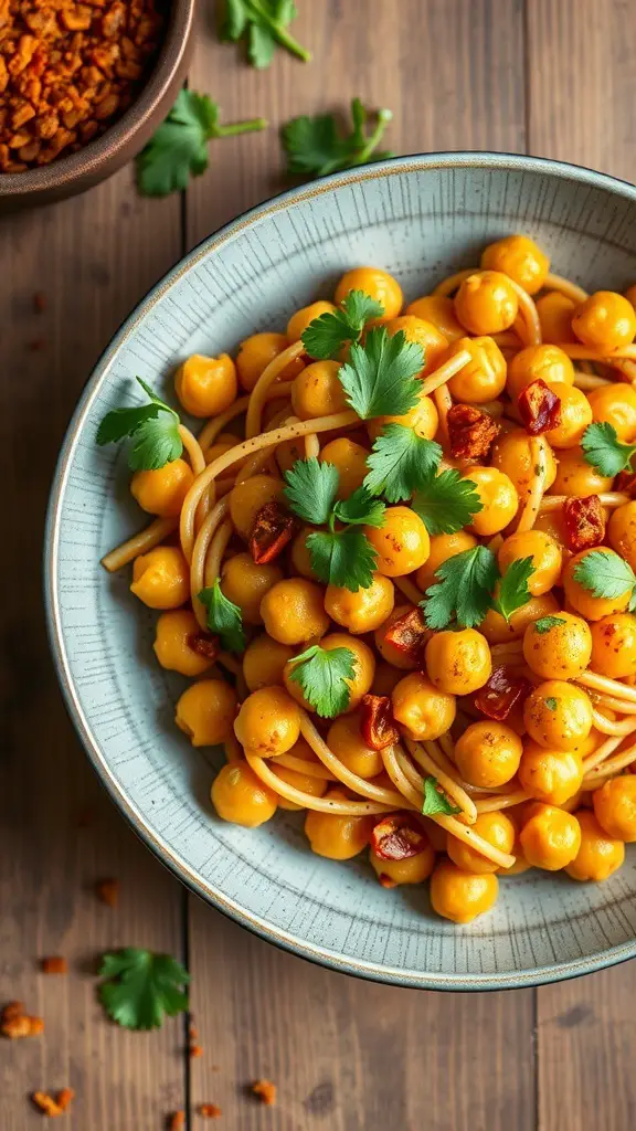 A bowl of Spicy Harissa Chickpea Pasta garnished with cilantro and sun-dried tomatoes.