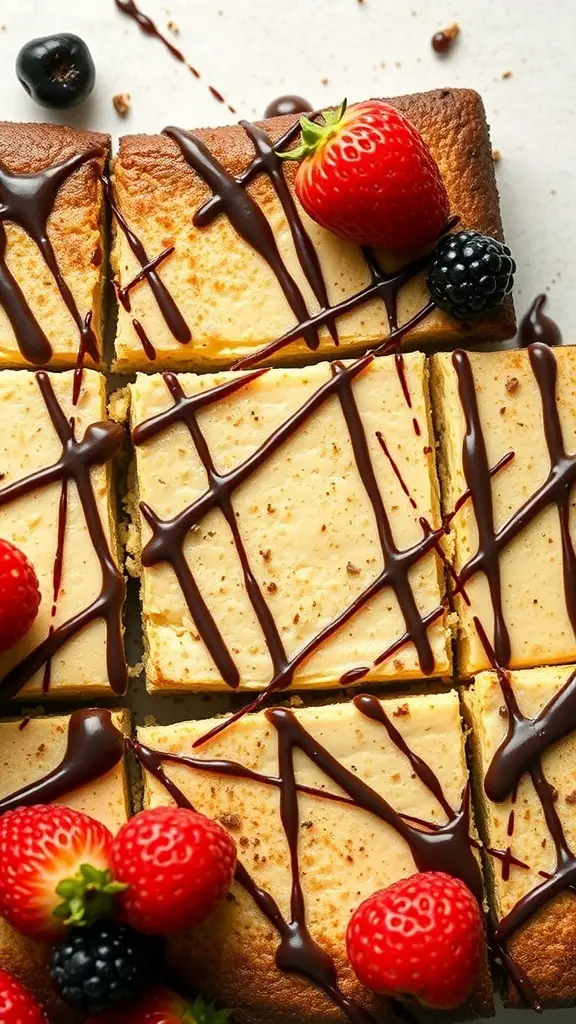 Cheesecake brownie bars topped with chocolate drizzle and fresh berries
