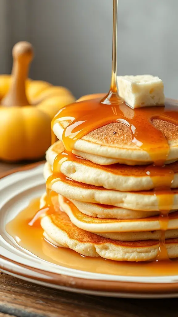 A stack of cottage cheese pancakes topped with maple syrup and a pat of butter, with a pumpkin in the background.