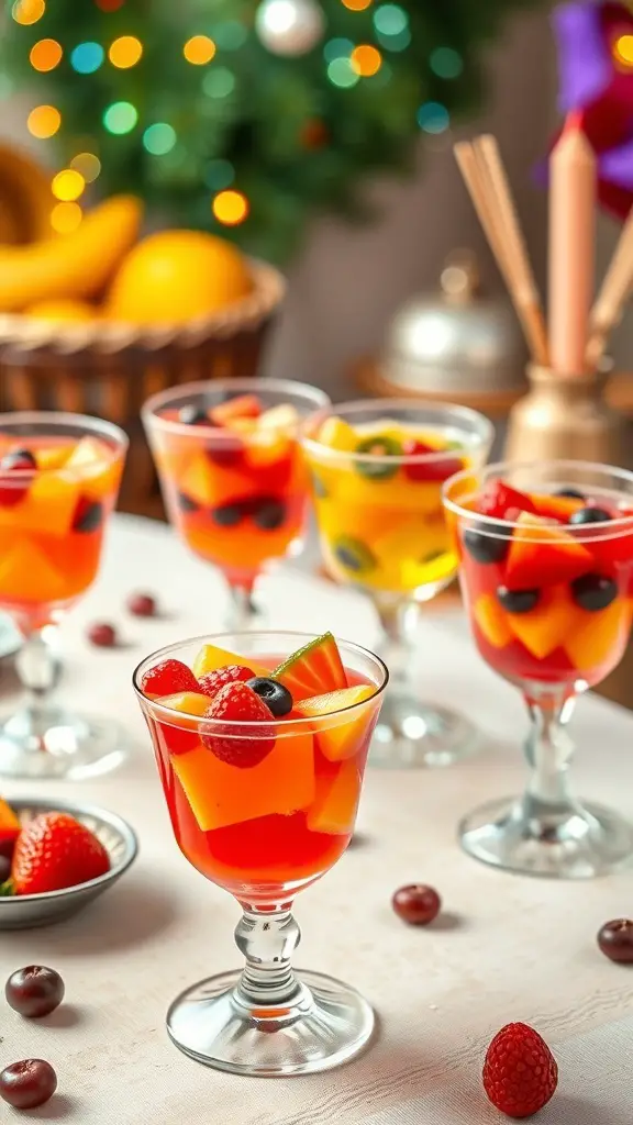Colorful fruity gelatin cups with various fruits, set against a festive background.