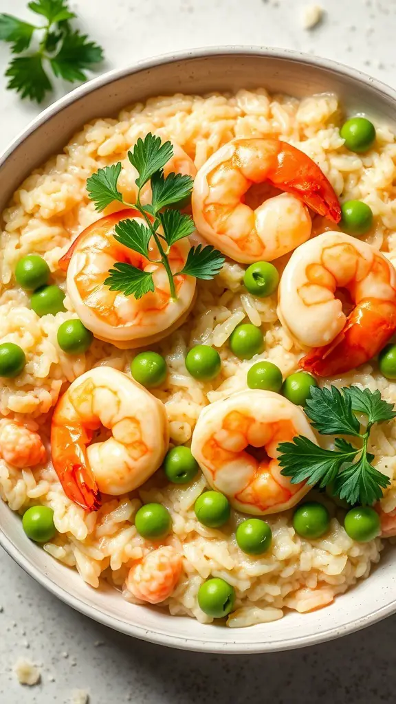 A bowl of creamy shrimp risotto with peas, garnished with parsley.