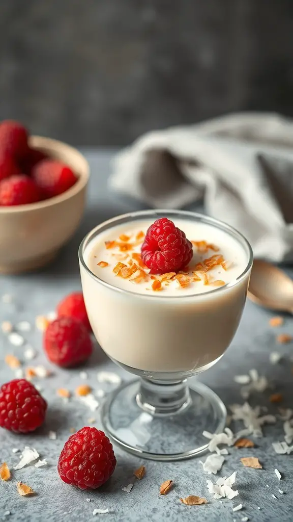 A glass of Vanilla Coconut Panna Cotta topped with a raspberry and coconut flakes, surrounded by fresh raspberries.