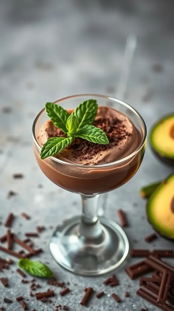 A glass of chocolate avocado mousse topped with mint leaves and surrounded by chocolate shavings and avocado halves.