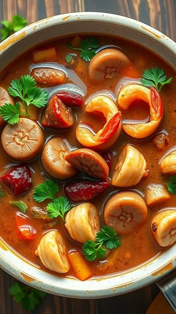 A pot of gumbo with andouille sausage and seafood, garnished with cilantro.