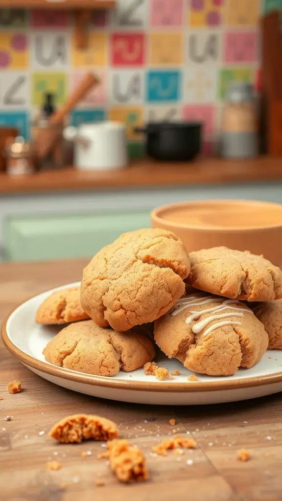 A plate of gluten-free toffee cookies, some drizzled with icing, on a wooden table.
