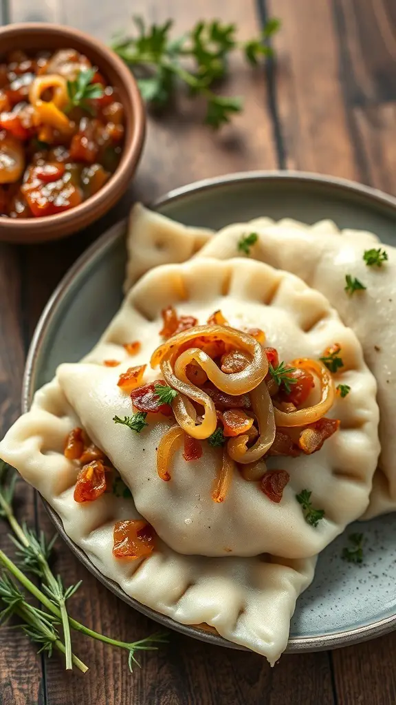 Plate of beef and onion perogies topped with sautéed onions and herbs, served with a side of sauce.