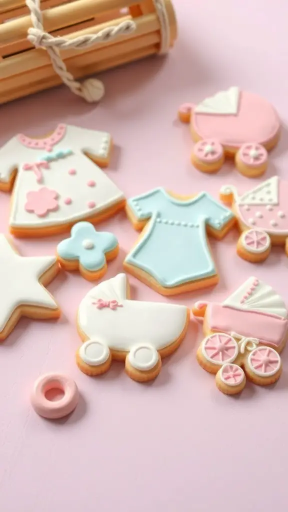 Decorated sugar cookies in the shape of baby clothes and strollers on a pink background.