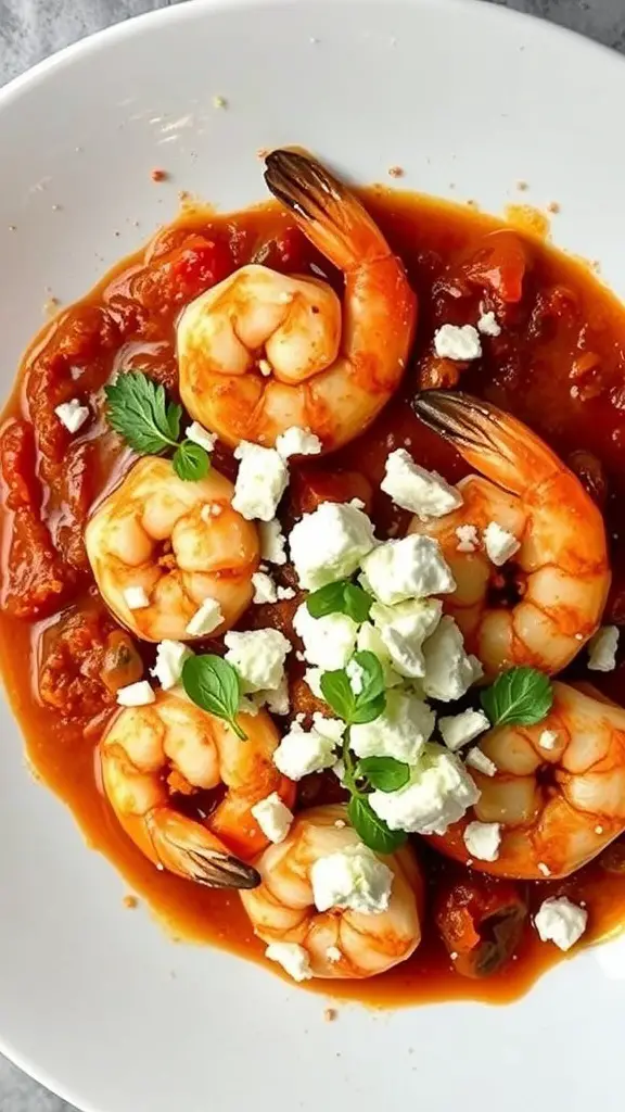 Shrimp Saganaki with feta cheese in a tomato sauce, garnished with fresh herbs.