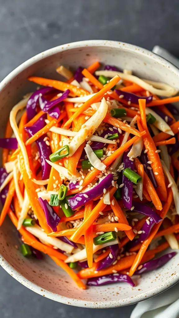 A bowl of colorful cabbage and carrot slaw with sesame seeds and green onions.