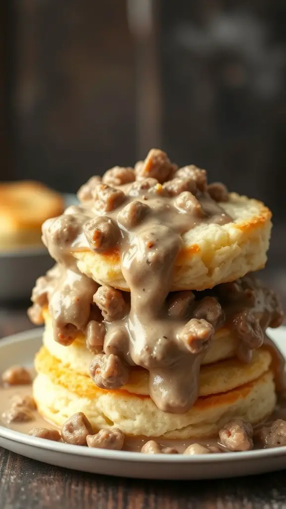 A plate of fluffy buttermilk biscuits topped with creamy sausage gravy, showcasing a comforting Southern dish.